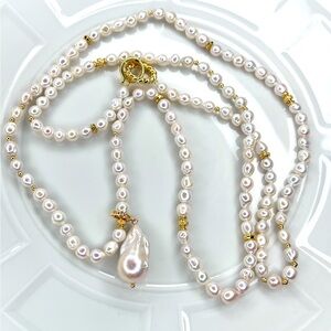 Handmade Freshwater Pearl X-Long Sweater Necklace Bracelet Set Removable Pendant